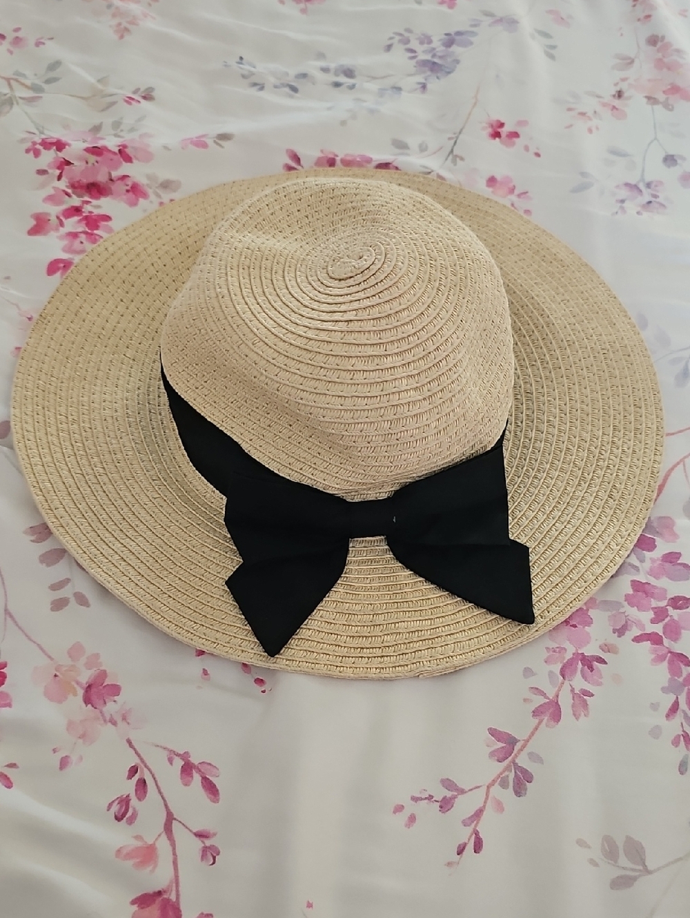 Janie and Jack Natural Straw Wide Brim Hat with Black Bow